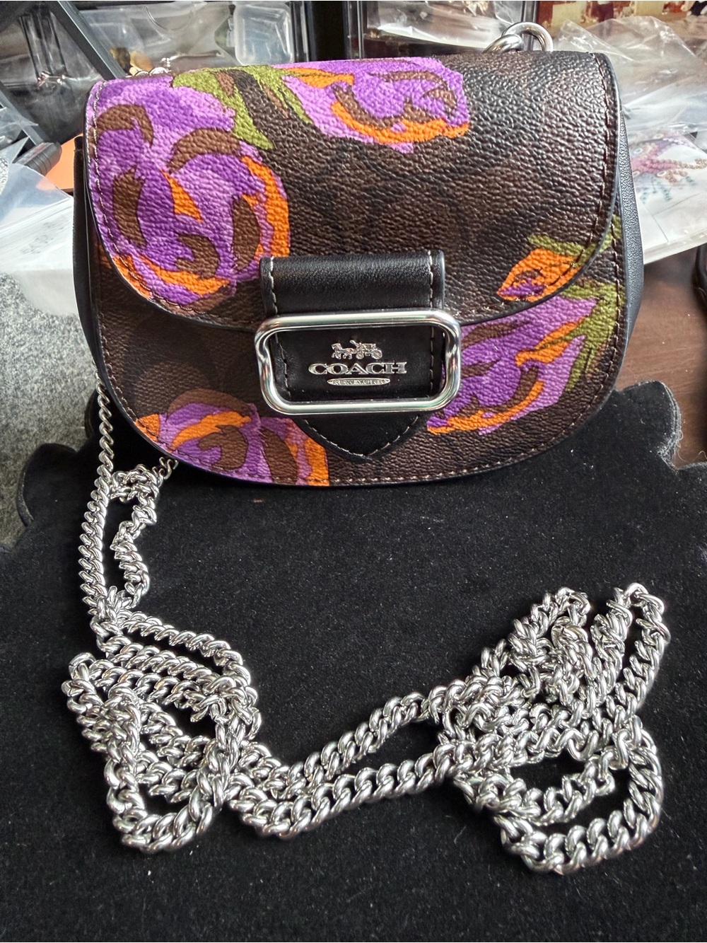 COACH Mini Floral Brown Signature C Leather Crossbody Chzin Purple Orange NWOT